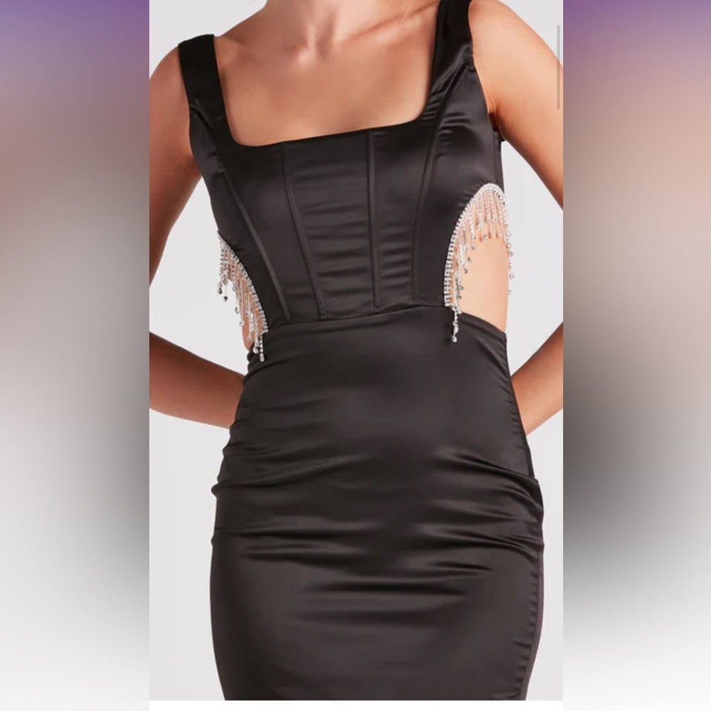 Windsor Glam Stunner Rhinestone Trim Satin Mini Dress